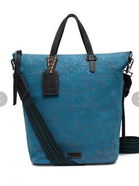 Consuela Teal Suede Tote with Black Trim and Striped Strap